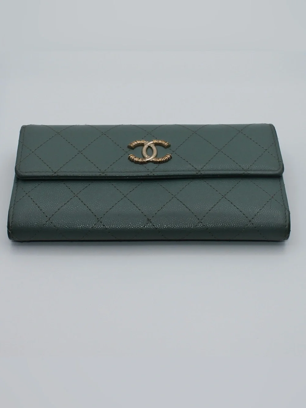 CHANEL Quilted Caviar Leather Wallet in Deep Teal with Gold CC